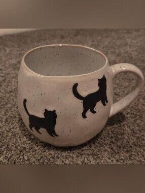 Speckled White Ceramic Black Cat Mug Unique Halloween Spooky
